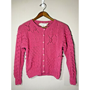 The Eagles Eyes‎ 1989 Vintage Sweater Pink Hand Knit Pearl Button Cardigan